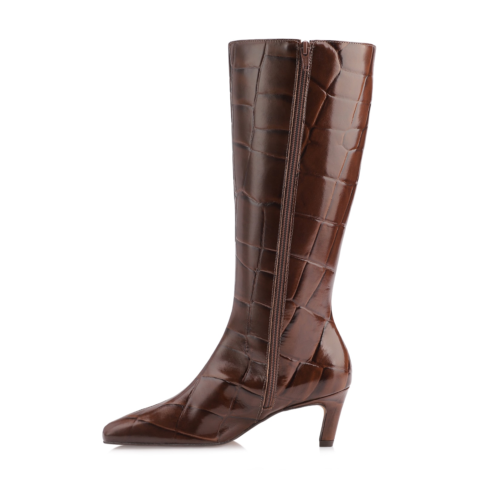 Bota Marrom Cano Alto Salto Baixo Couro Maxi Croco