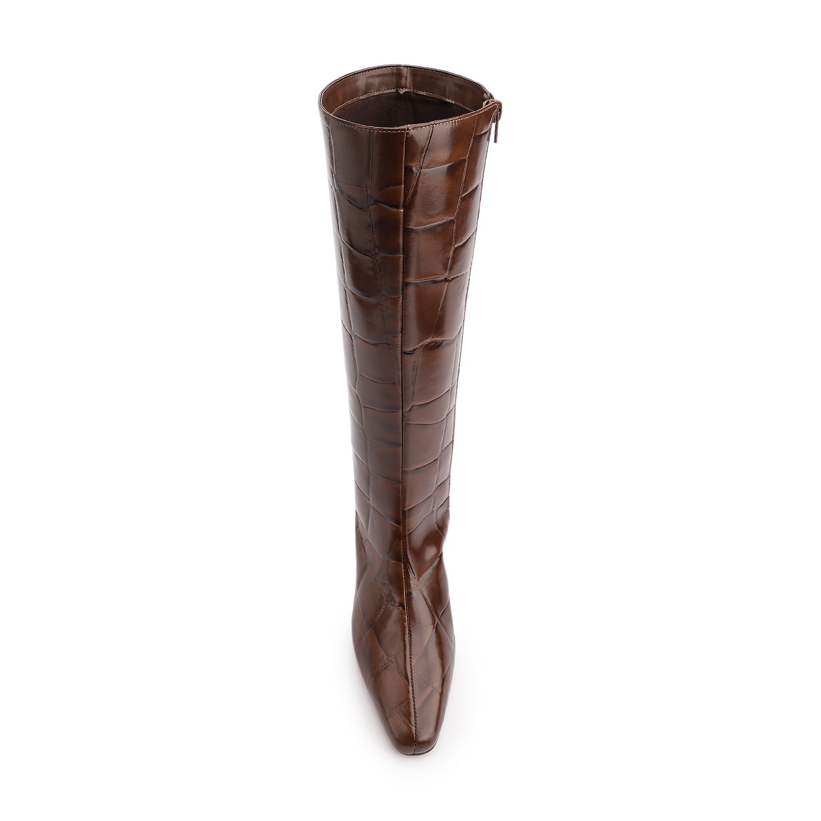 Bota Marrom Cano Alto Salto Baixo Couro Maxi Croco