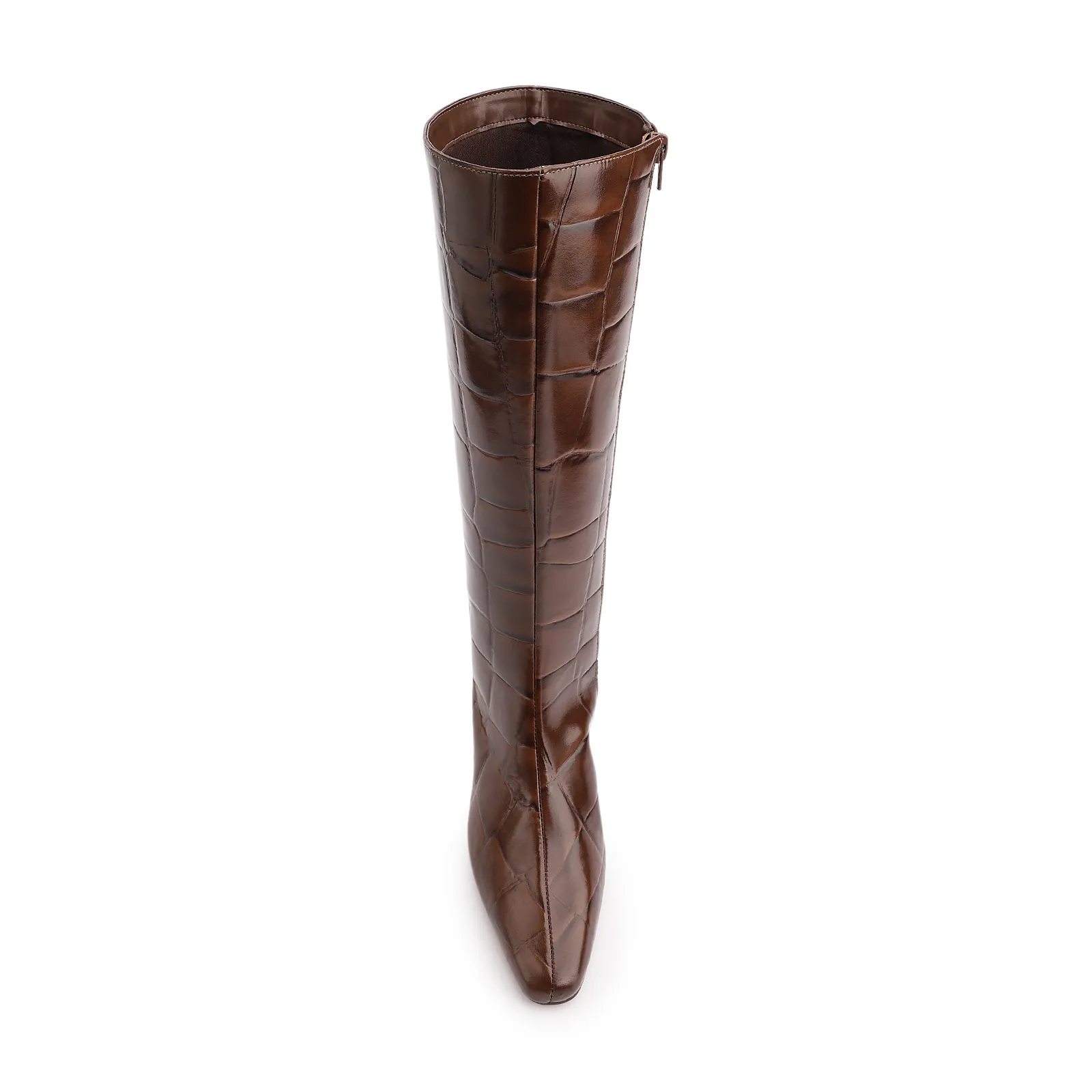 Bota Marrom Cano Alto Salto Baixo Couro Maxi Croco