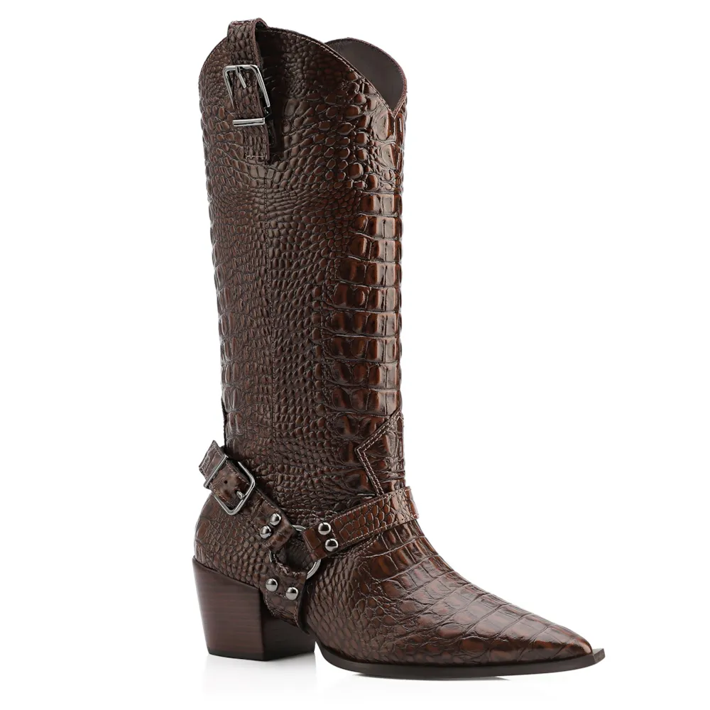 Bota Marrom Cano Alto Salto Médio Couro Croco Western Esporas