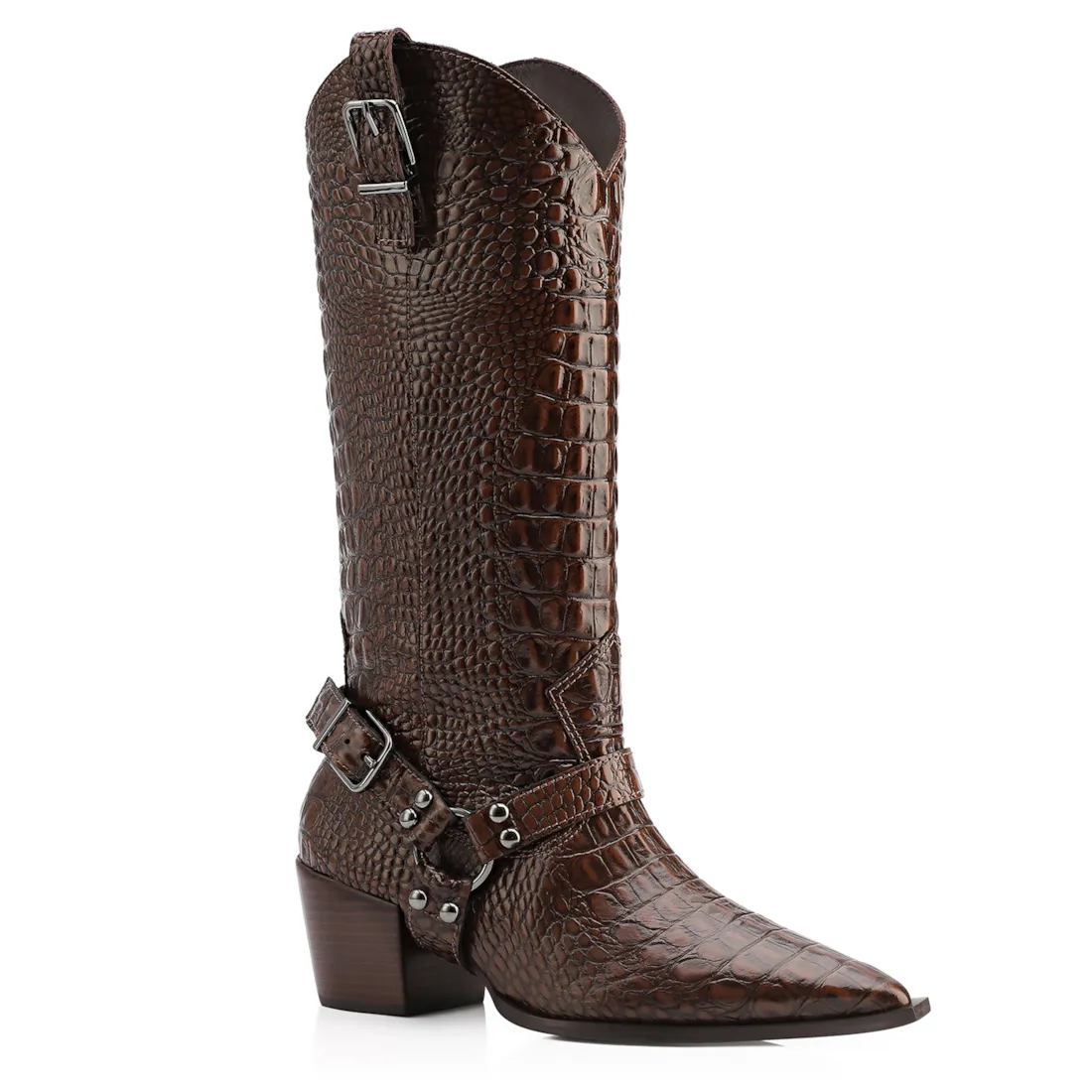 Bota Marrom Cano Alto Salto Médio Couro Croco Western Esporas