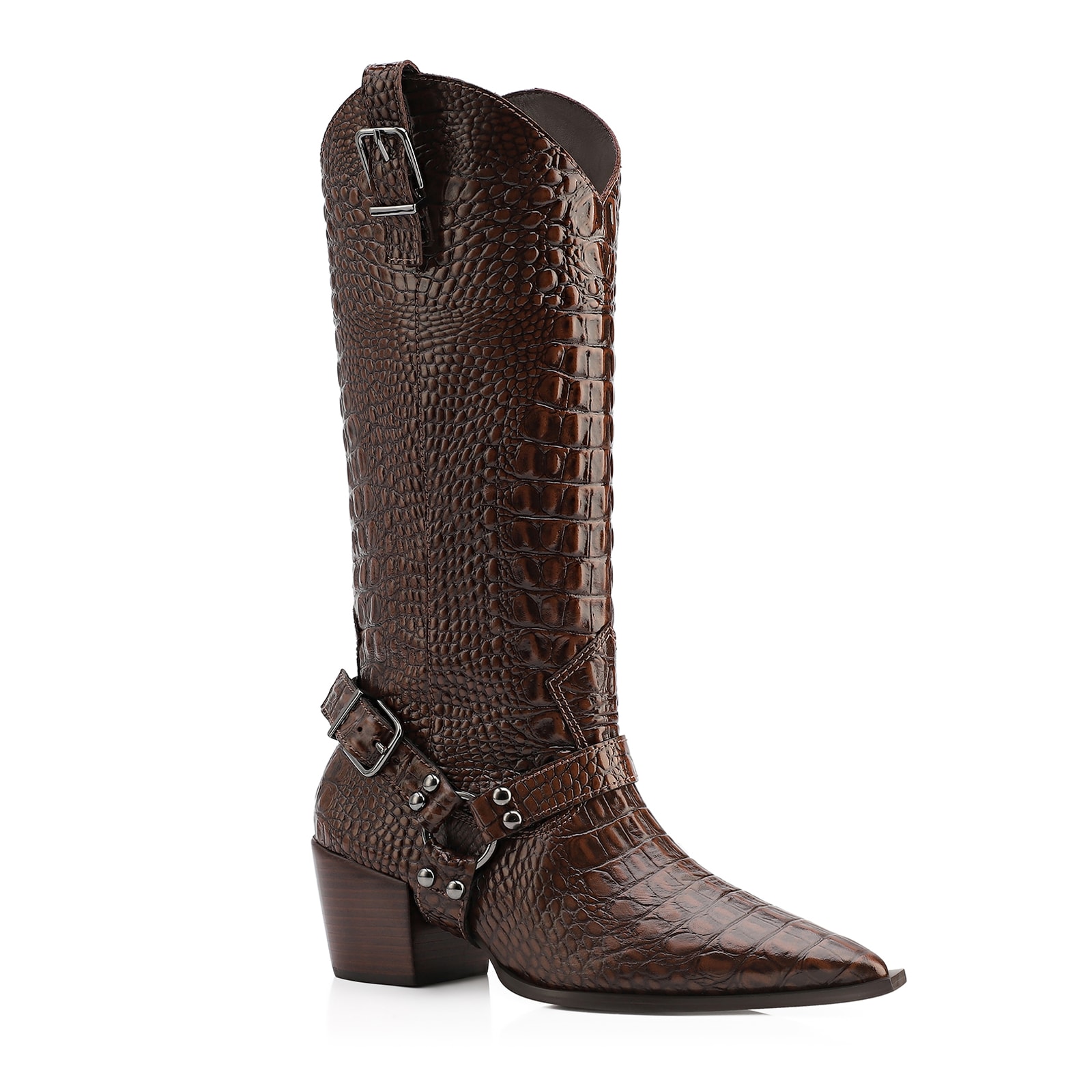 Bota Marrom Cano Alto Salto Médio Couro Croco Western Esporas