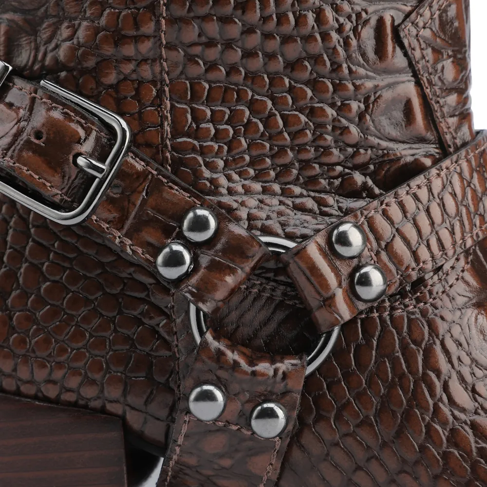 Bota Marrom Cano Alto Salto Médio Couro Croco Western Esporas - imagem 10