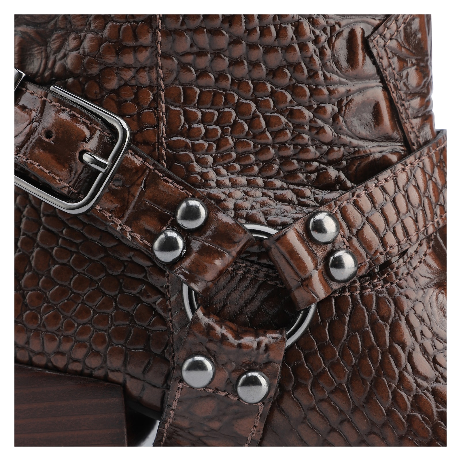 Bota Marrom Cano Alto Salto Médio Couro Croco Western Esporas