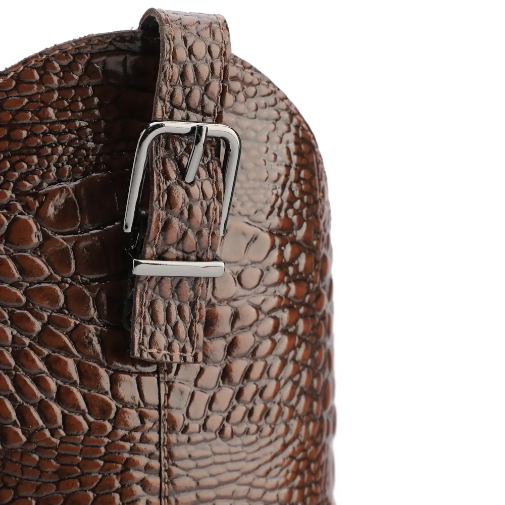 Bota Marrom Cano Alto Salto Médio Couro Croco Western Esporas - imagem 11
