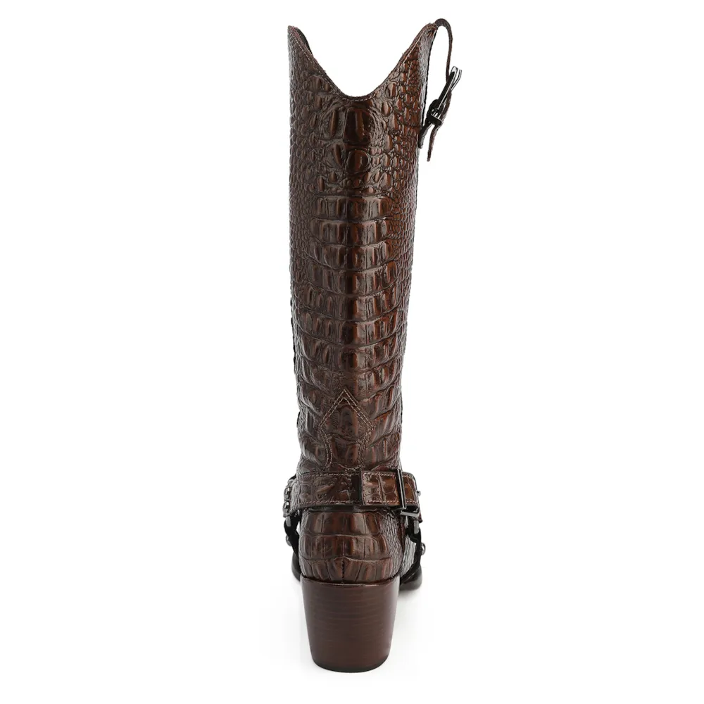 Bota Marrom Cano Alto Salto Médio Couro Croco Western Esporas - imagem 12