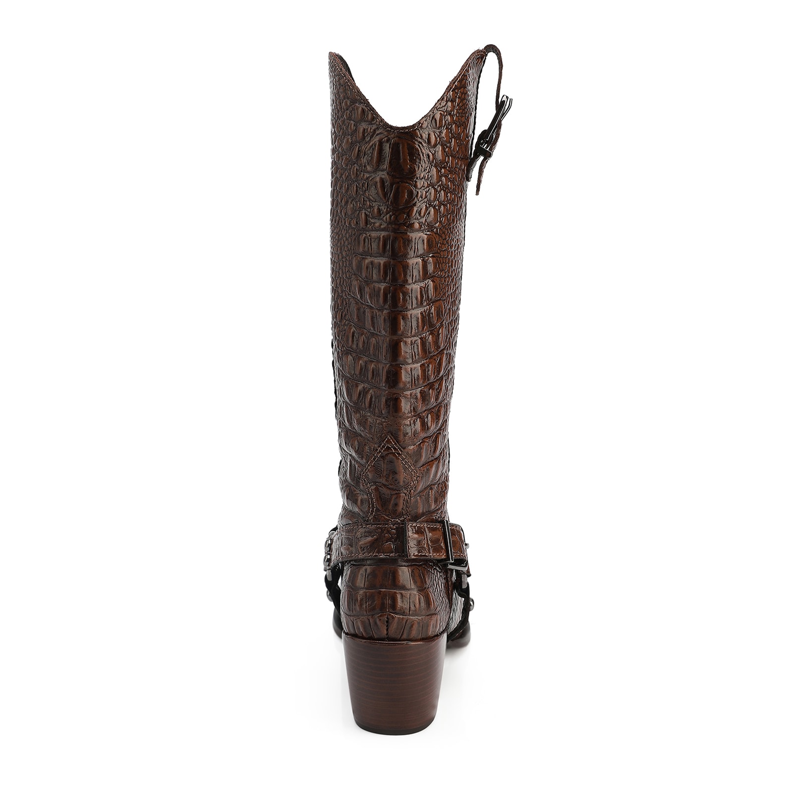 Bota Marrom Cano Alto Salto Médio Couro Croco Western Esporas