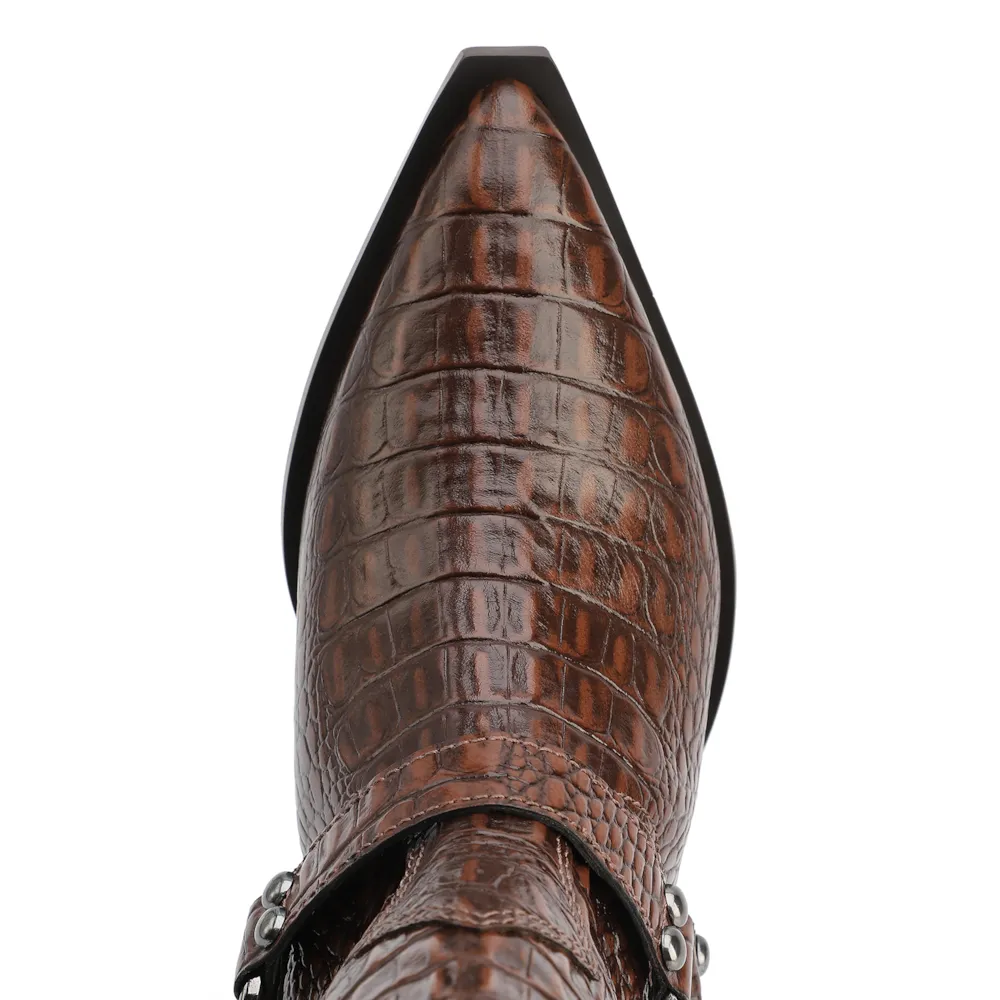 Bota Marrom Cano Alto Salto Médio Couro Croco Western Esporas - imagem 13