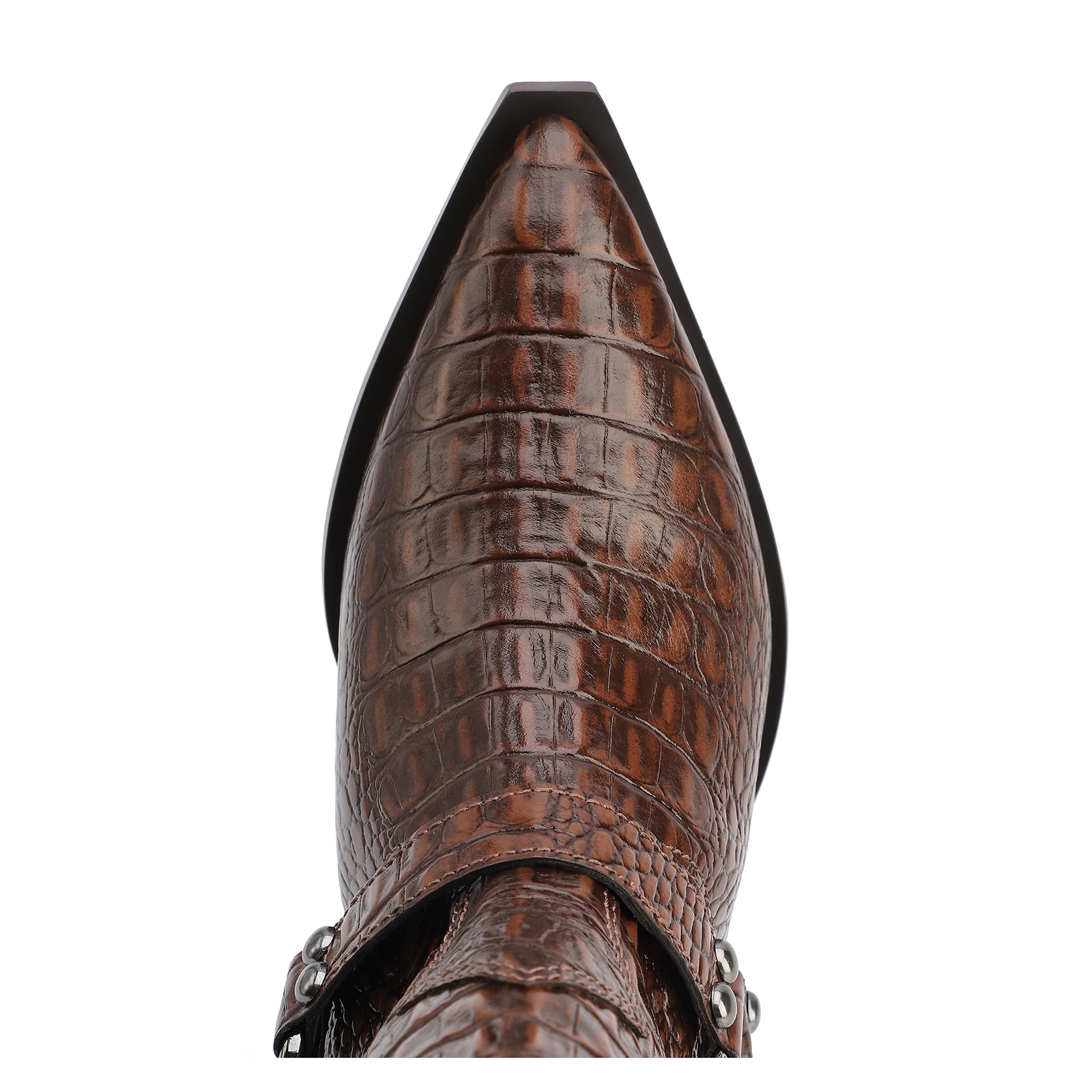 Bota Marrom Cano Alto Salto Médio Couro Croco Western Esporas