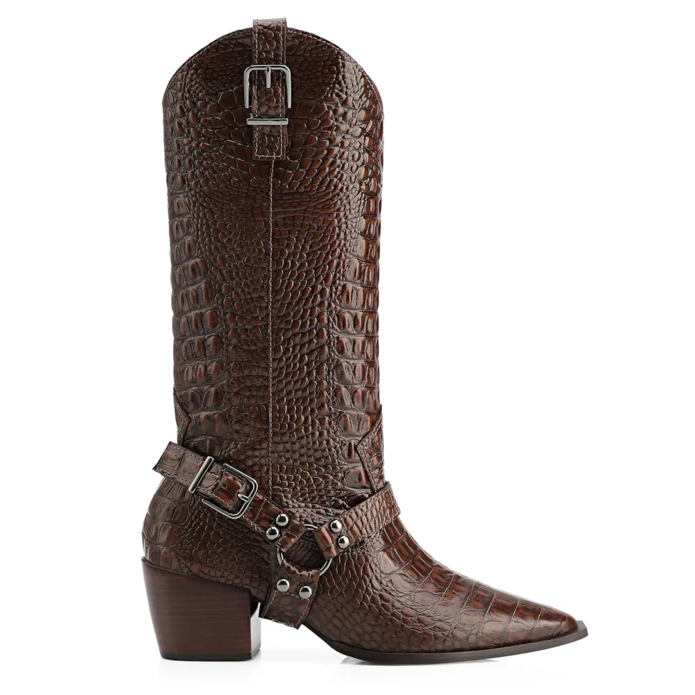 Bota Marrom Cano Alto Salto Médio Couro Croco Western Esporas - imagem 3