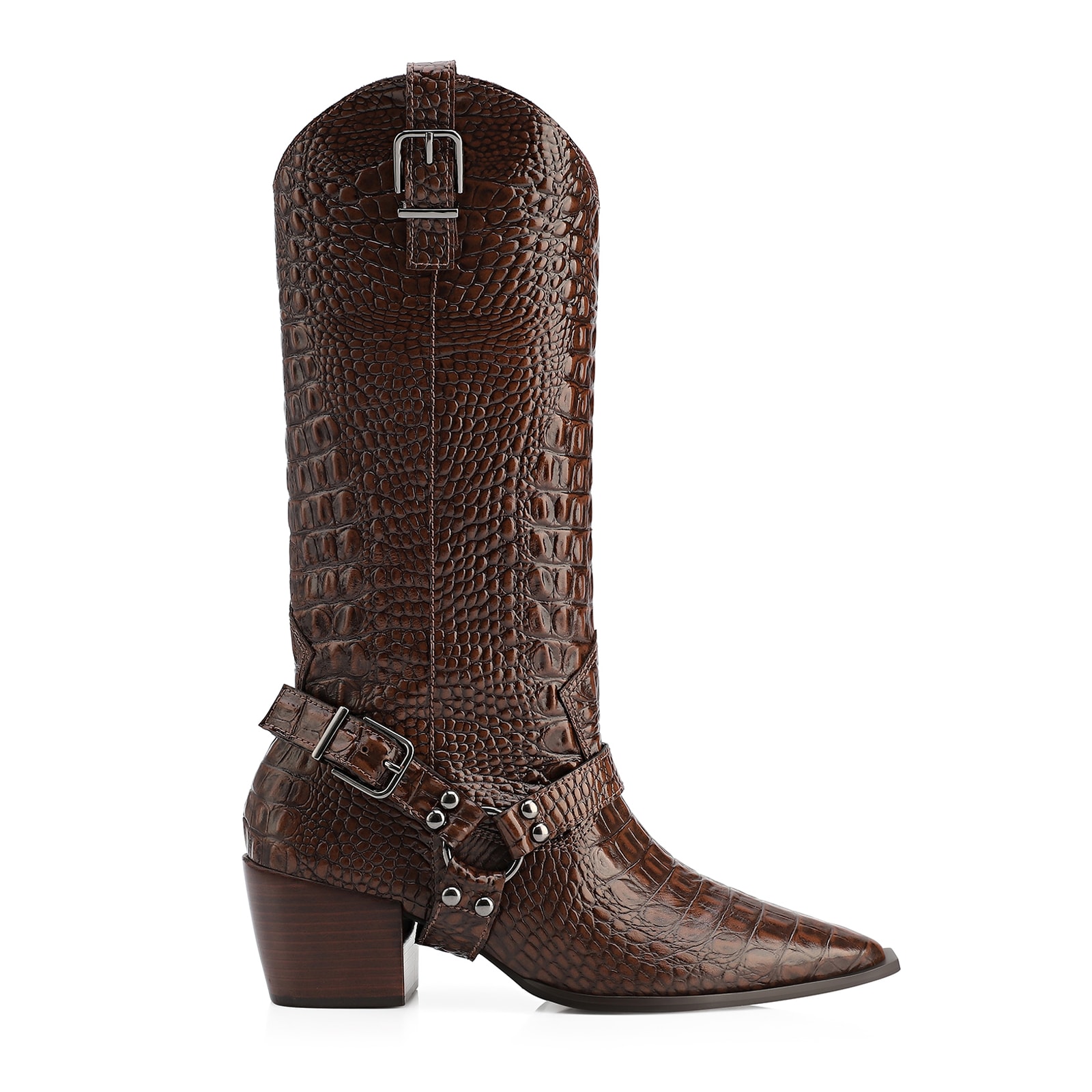 Bota Marrom Cano Alto Salto Médio Couro Croco Western Esporas