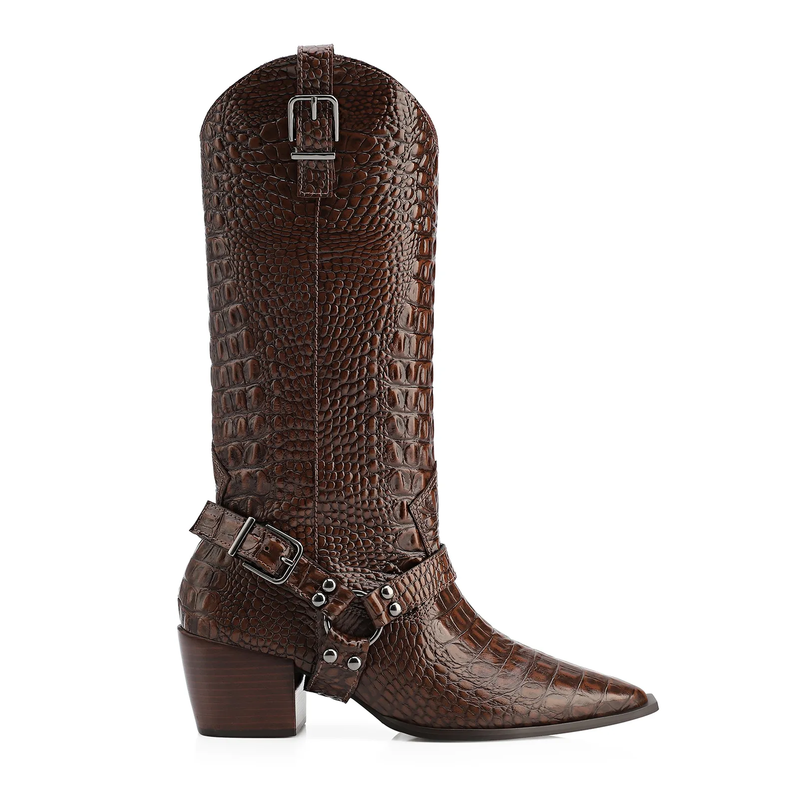 Bota Marrom Cano Alto Salto Médio Couro Croco Western Esporas