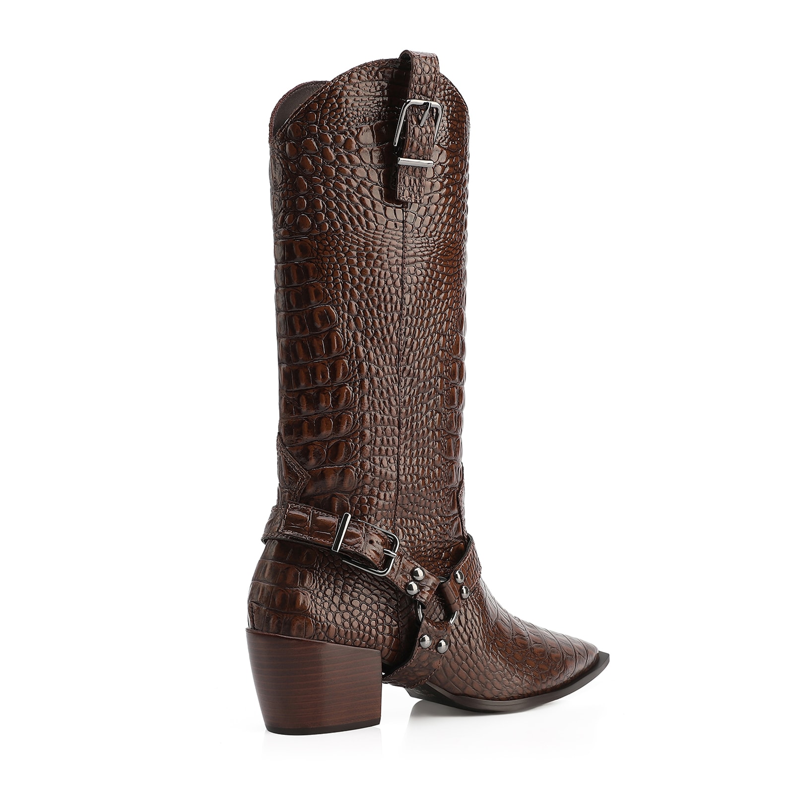 Bota Marrom Cano Alto Salto Médio Couro Croco Western Esporas