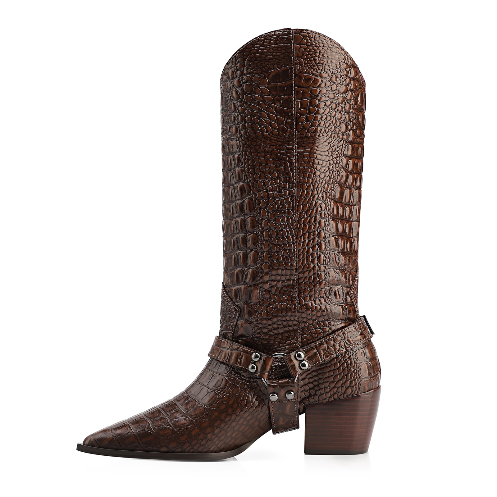 Bota Marrom Cano Alto Salto Médio Couro Croco Western Esporas