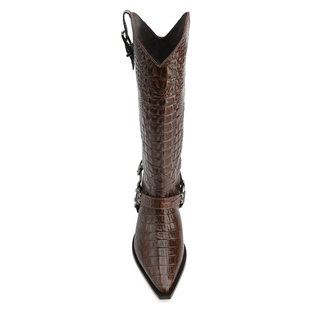 Bota Marrom Cano Alto Salto Médio Couro Croco Western Esporas - imagem 6