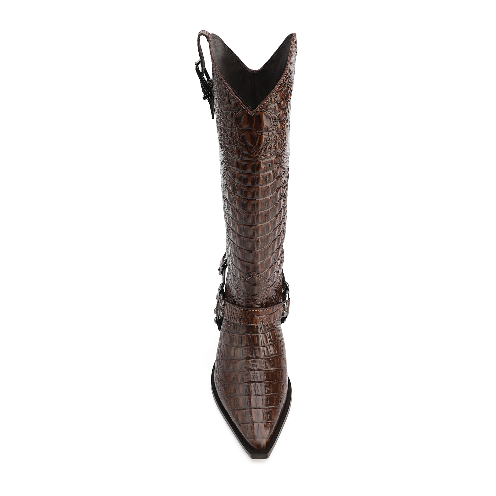 Bota Marrom Cano Alto Salto Médio Couro Croco Western Esporas