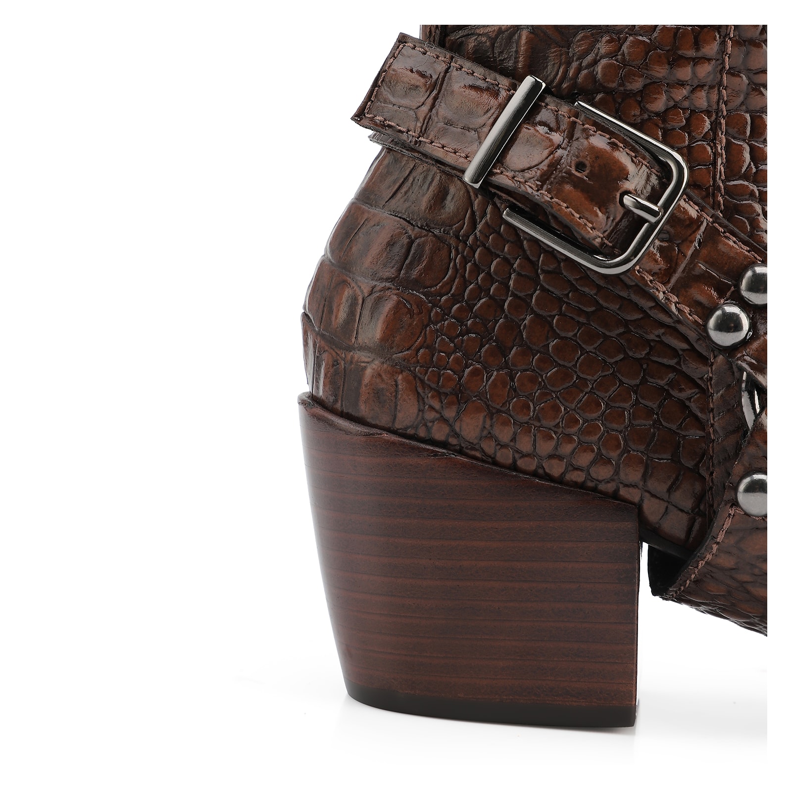 Bota Marrom Cano Alto Salto Médio Couro Croco Western Esporas