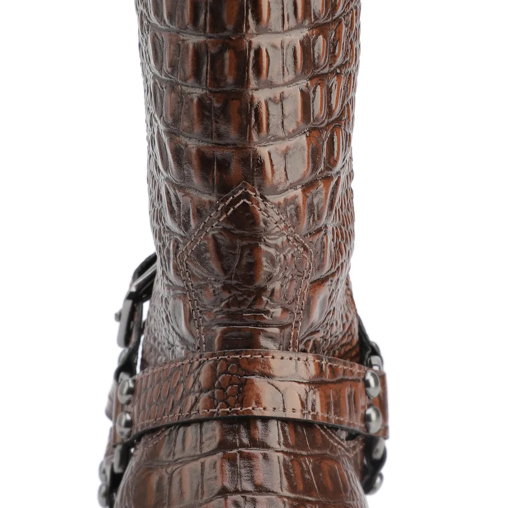 Bota Marrom Cano Alto Salto Médio Couro Croco Western Esporas - imagem 9