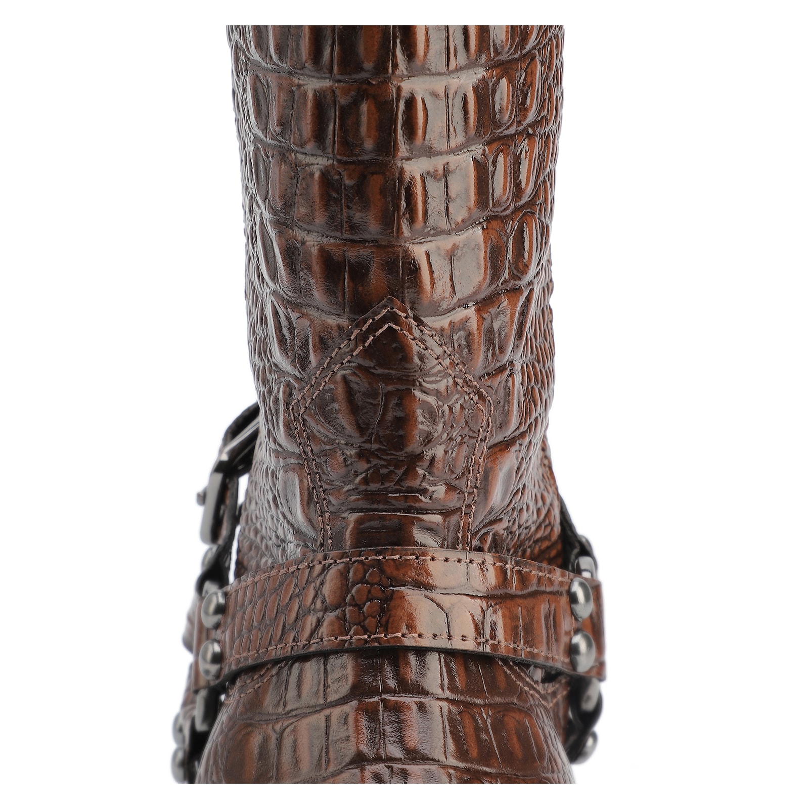 Bota Marrom Cano Alto Salto Médio Couro Croco Western Esporas
