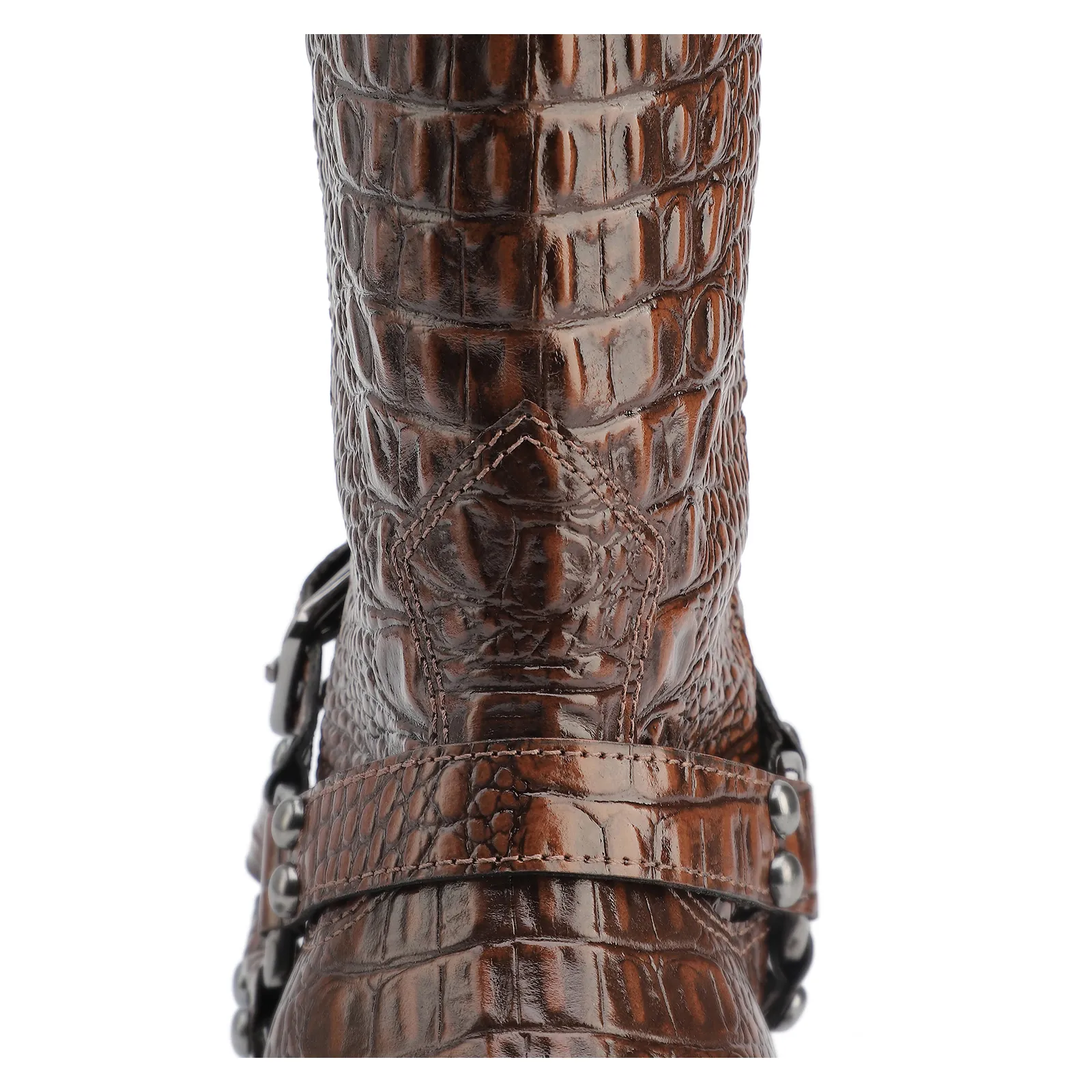 Bota Marrom Cano Alto Salto Médio Couro Croco Western Esporas