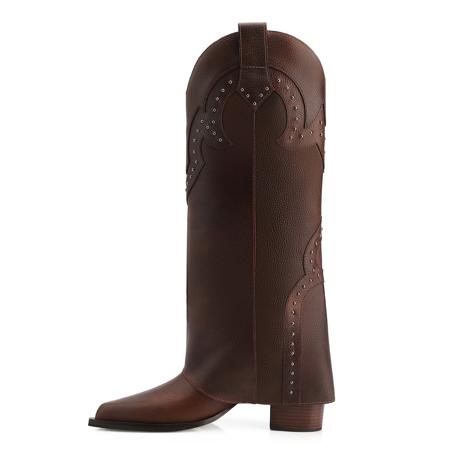 Bota Marrom Cano Alto Salto Médio Couro Estonado Western Capa