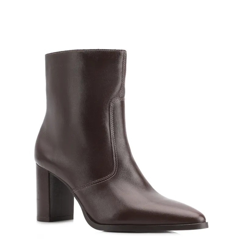 Bota Marrom Cano Baixo Salto Alto Couro Bico Fino