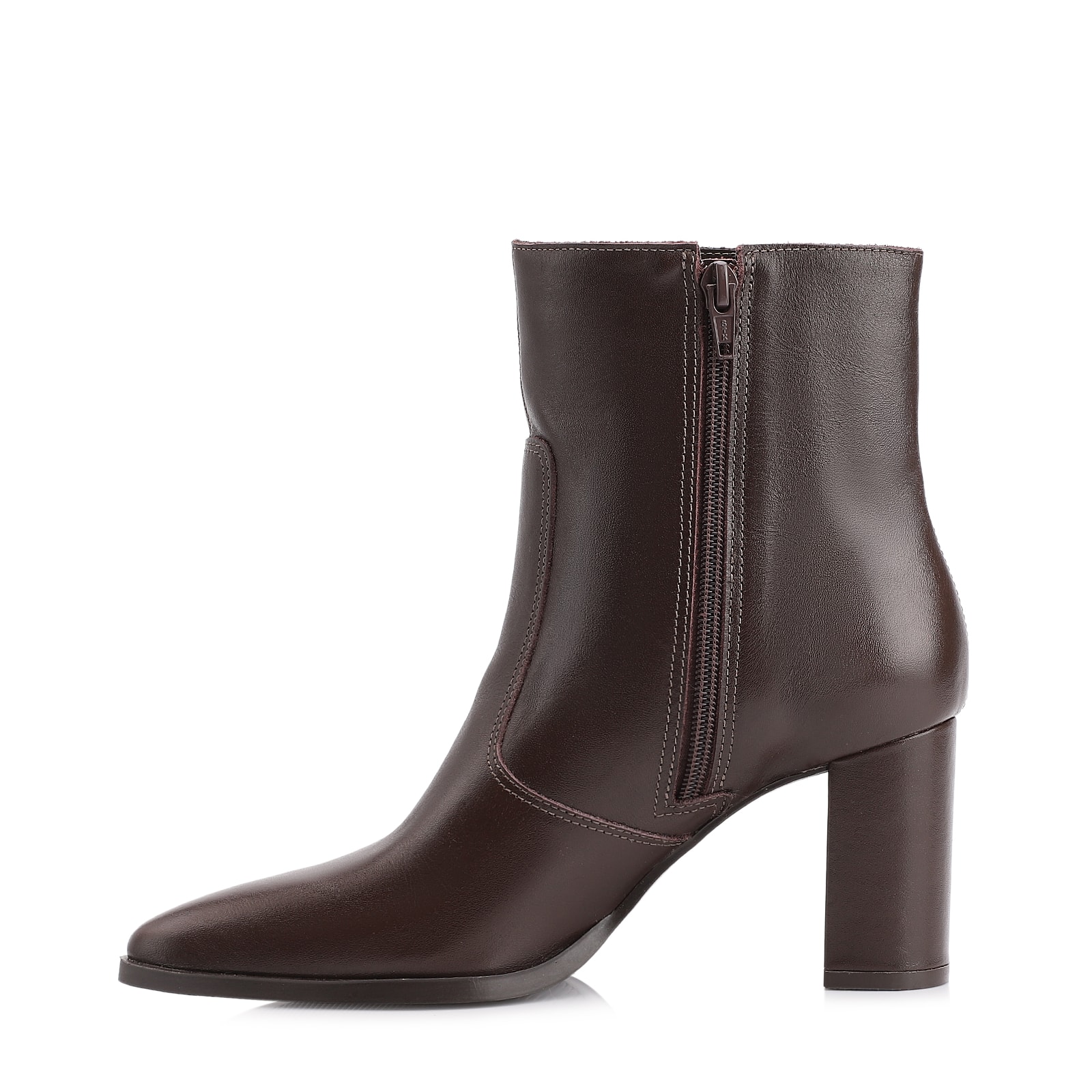 Bota Marrom Cano Baixo Salto Alto Couro Bico Fino