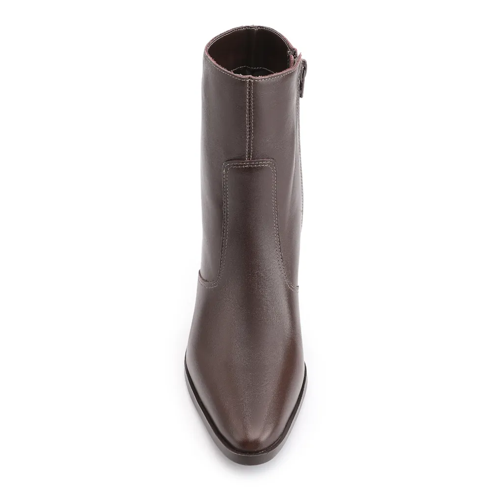 Bota Marrom Cano Baixo Salto Alto Couro Bico Fino - imagem 6