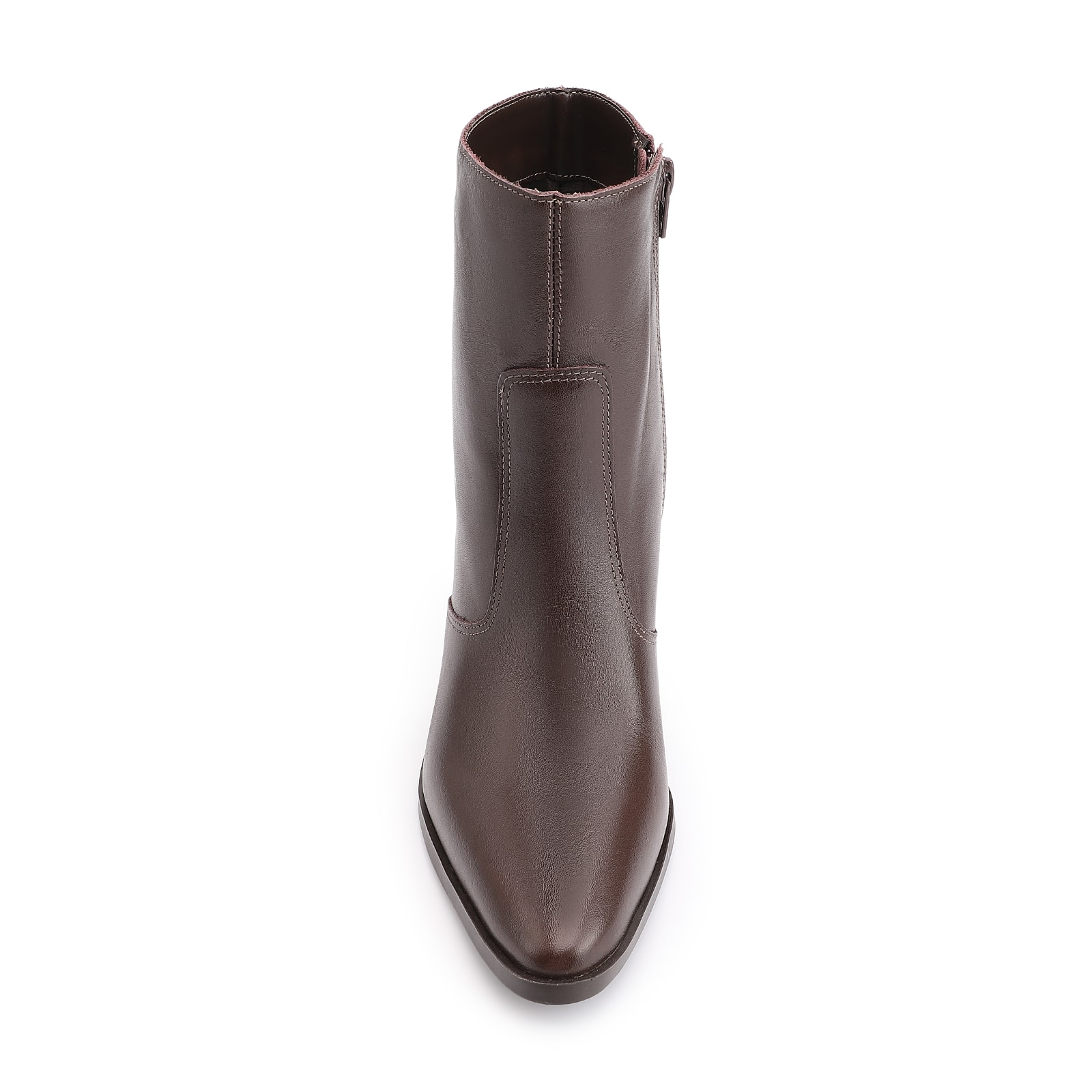 Bota Marrom Cano Baixo Salto Alto Couro Bico Fino