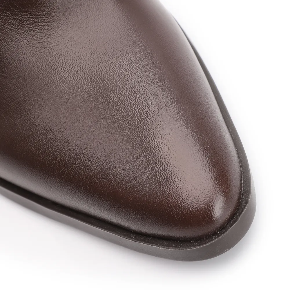 Bota Marrom Cano Baixo Salto Alto Couro Bico Fino - imagem 7