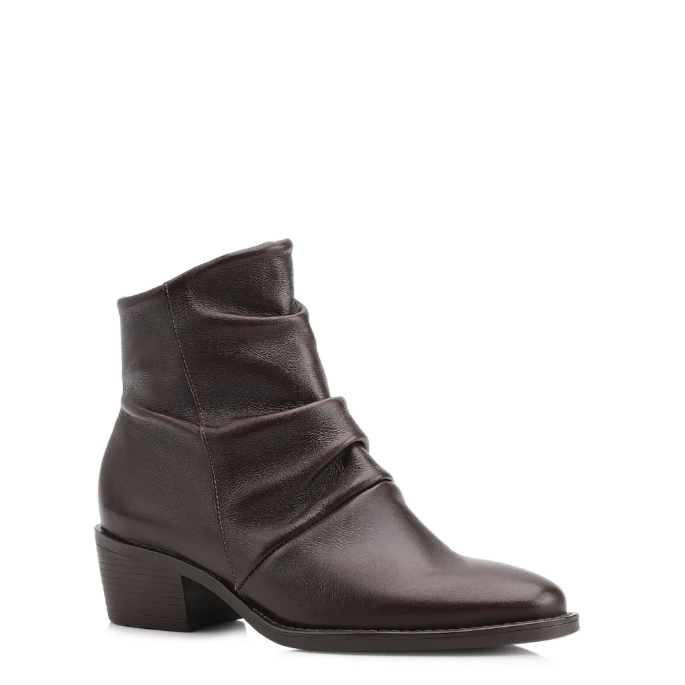 Bota Marrom Cano Baixo Salto Baixo Couro Slouch