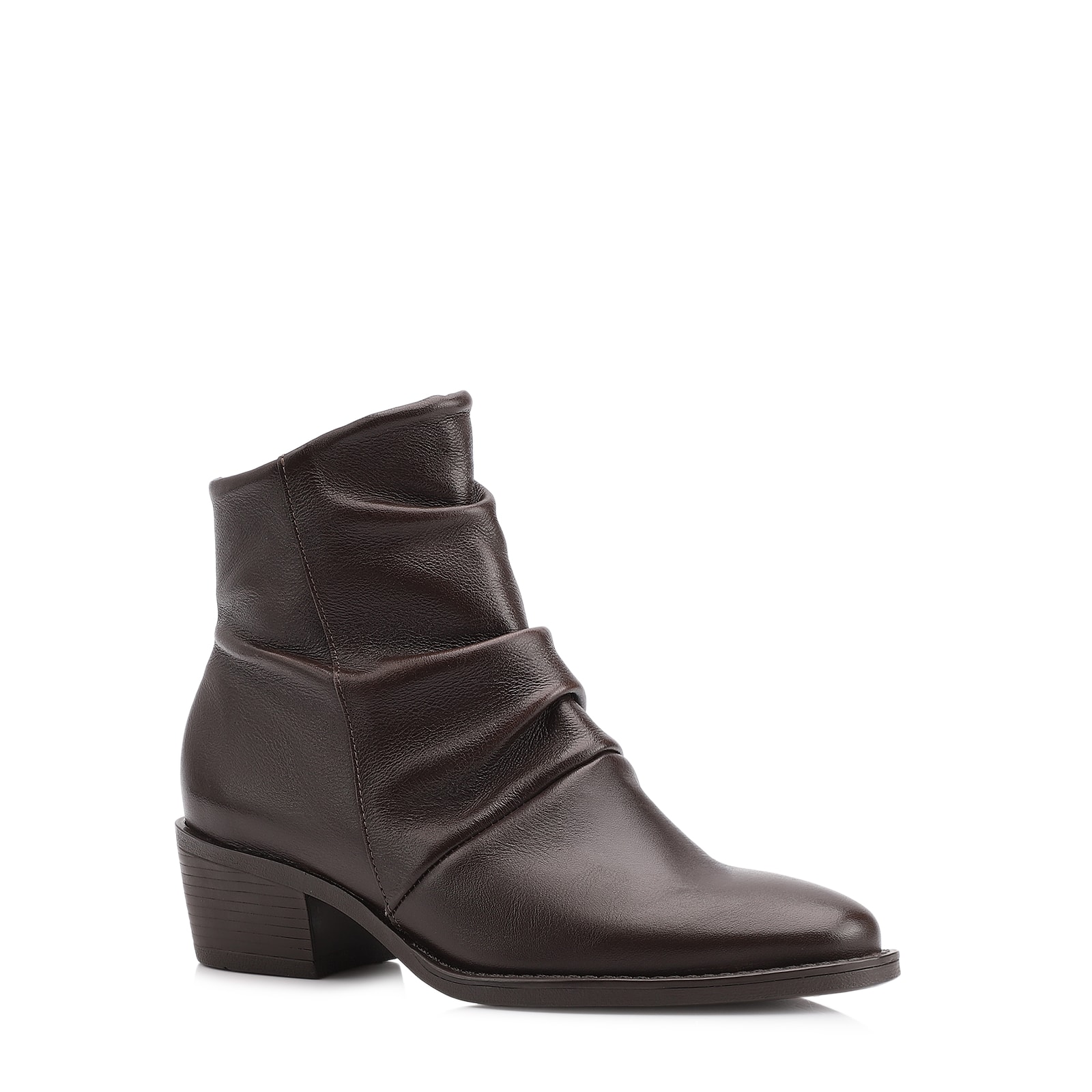 Bota Marrom Cano Baixo Salto Baixo Couro Slouch