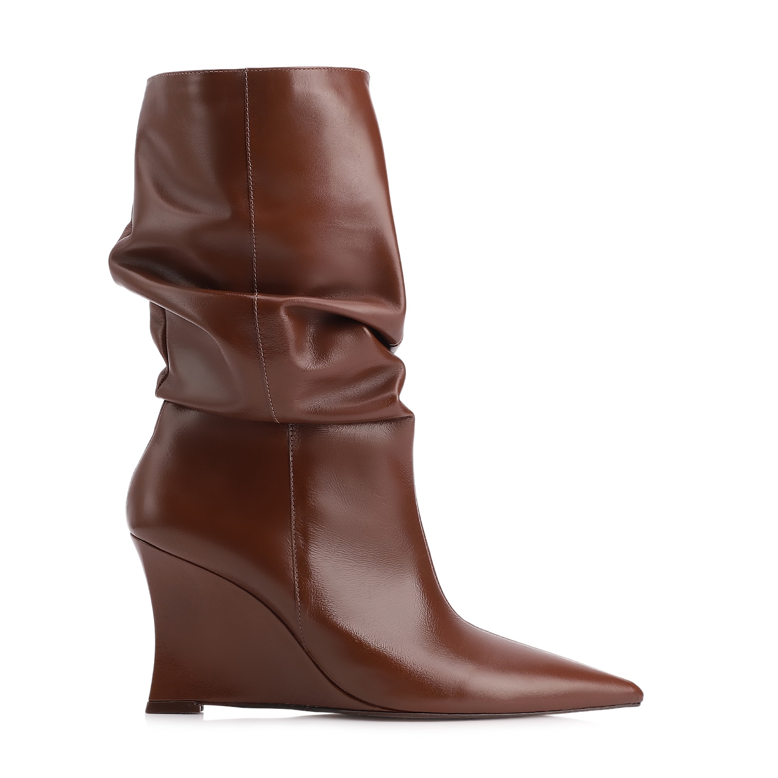 Bota Marrom Cano Médio Salto Alto Couro Anabela Slouch