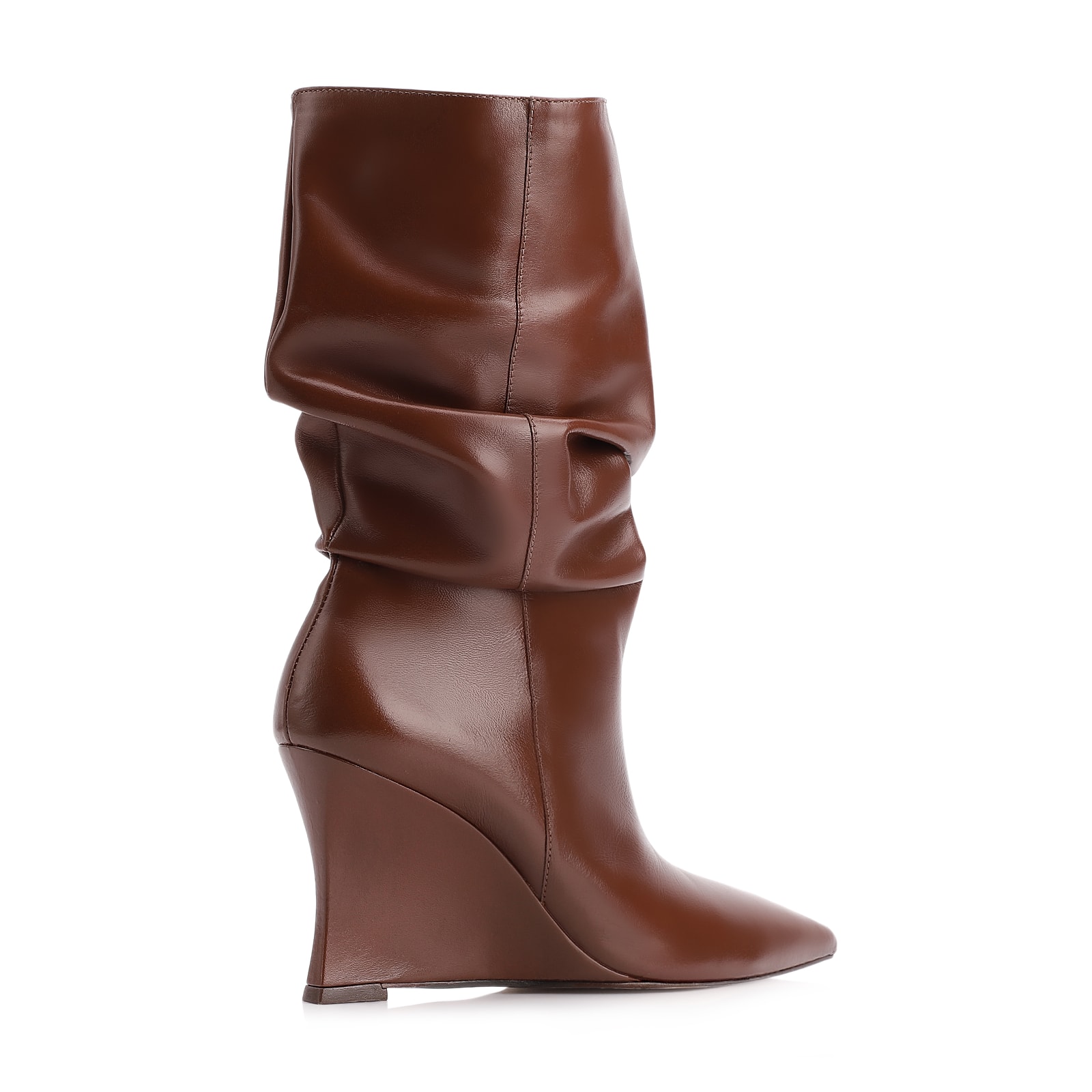 Bota Marrom Cano Médio Salto Alto Couro Anabela Slouch