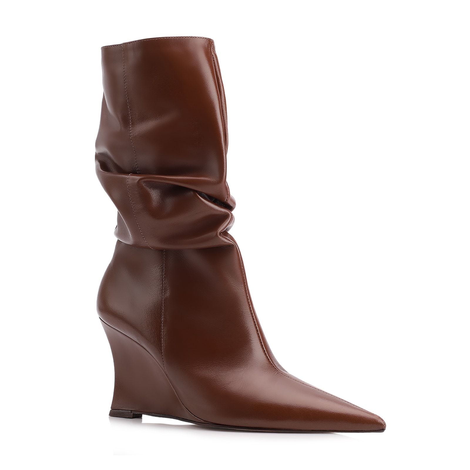 Bota Marrom Cano Médio Salto Alto Couro Anabela Slouch