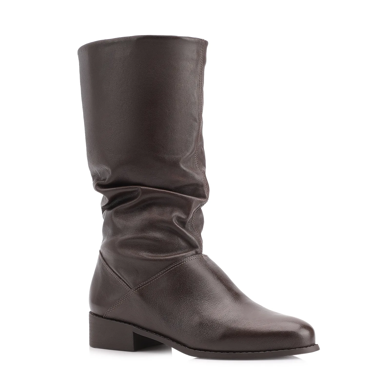 Bota Marrom Cano Médio Salto Baixo Couro Slouch