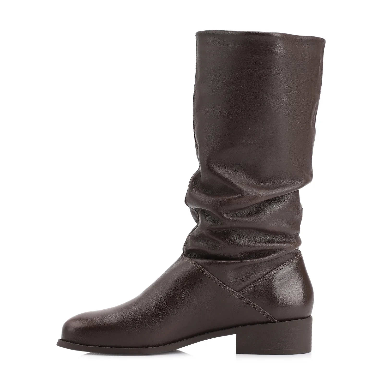 Bota Marrom Cano Médio Salto Baixo Couro Slouch