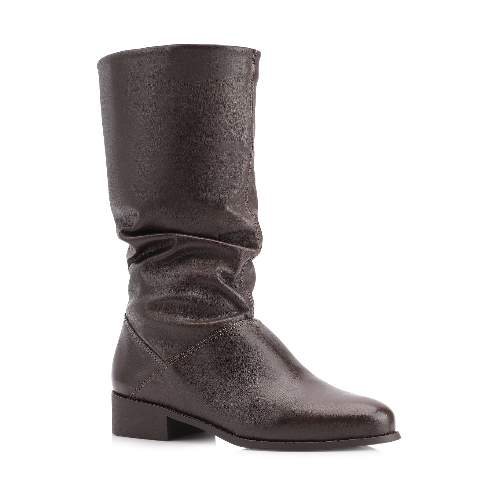 Bota Marrom Cano Médio Salto Baixo Couro Slouch