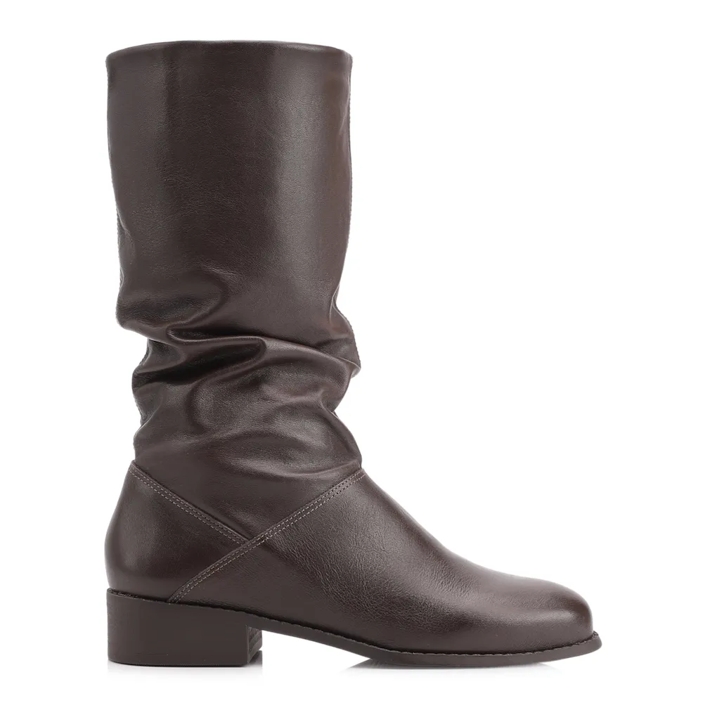 Bota Marrom Cano Médio Salto Baixo Couro Slouch - imagem 3