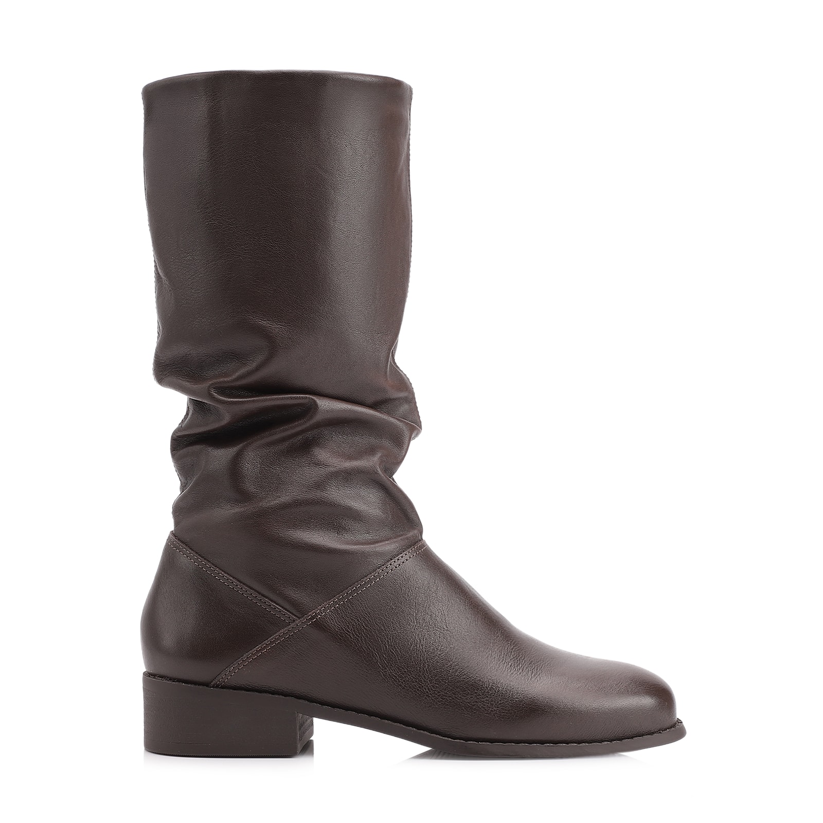 Bota Marrom Cano Médio Salto Baixo Couro Slouch