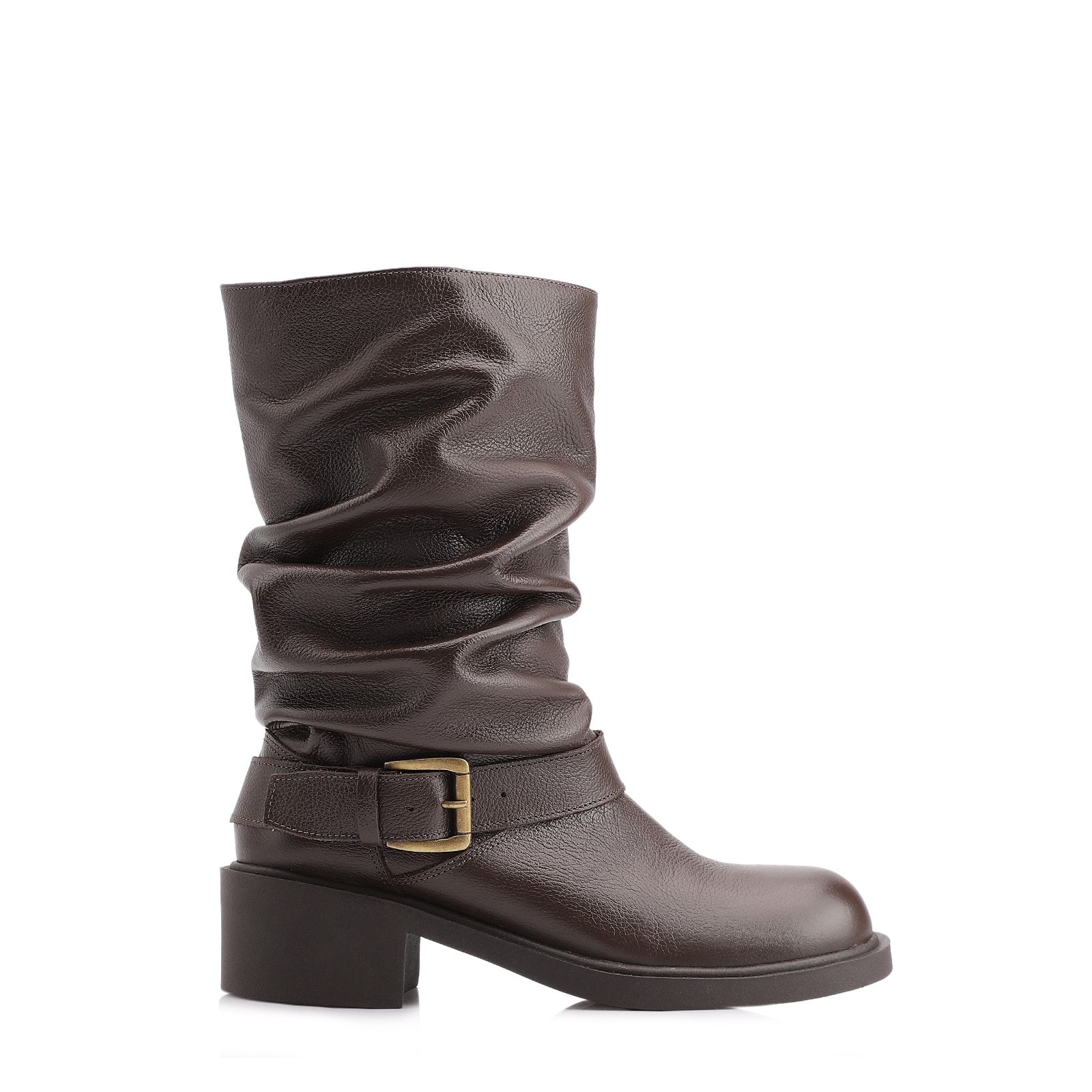 Bota Marrom Cano Médio Salto Médio Couro Slouch Fivela