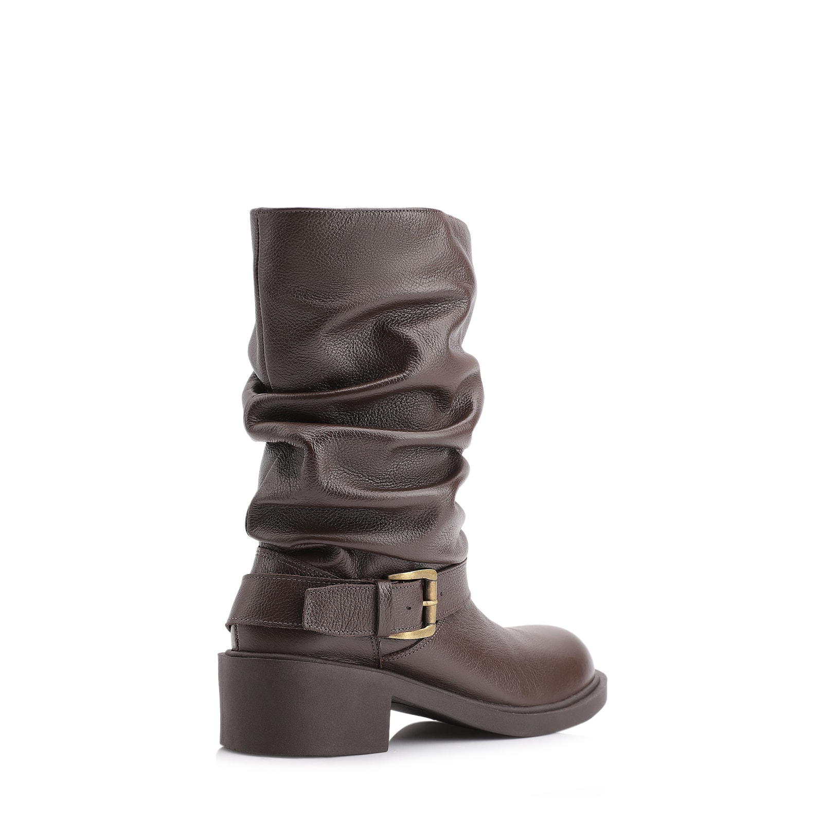 Bota Marrom Cano Médio Salto Médio Couro Slouch Fivela