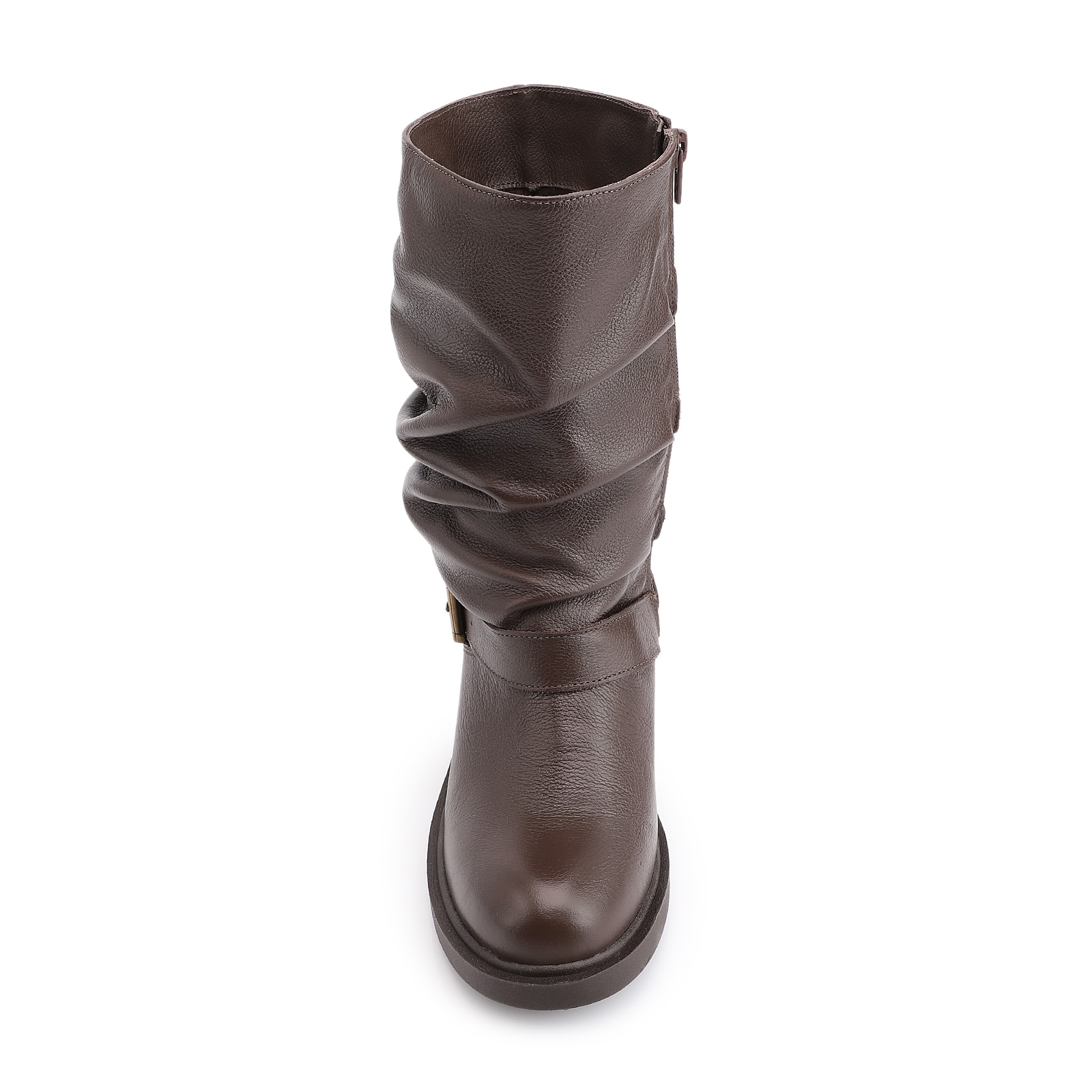 Bota Marrom Cano Médio Salto Médio Couro Slouch Fivela