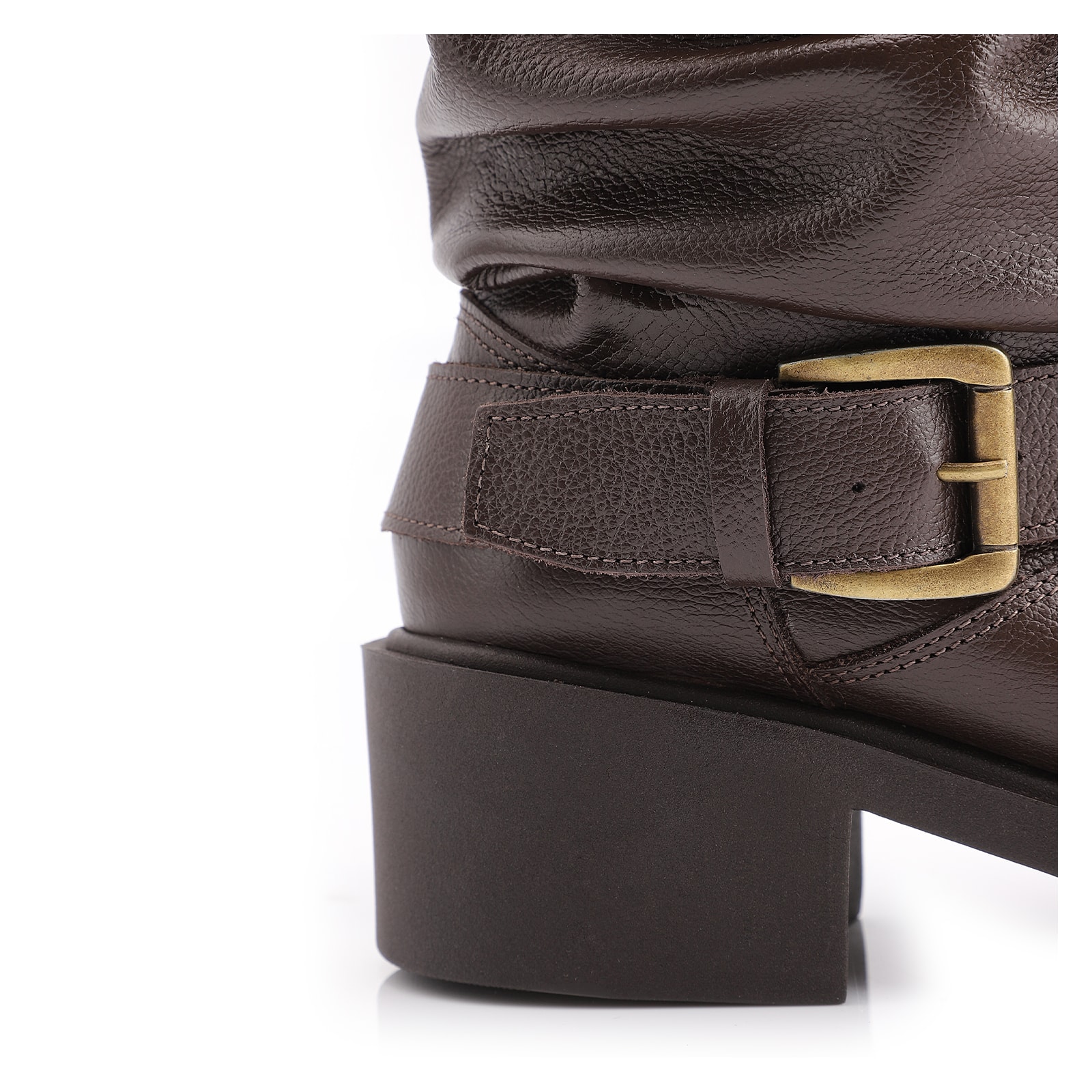 Bota Marrom Cano Médio Salto Médio Couro Slouch Fivela