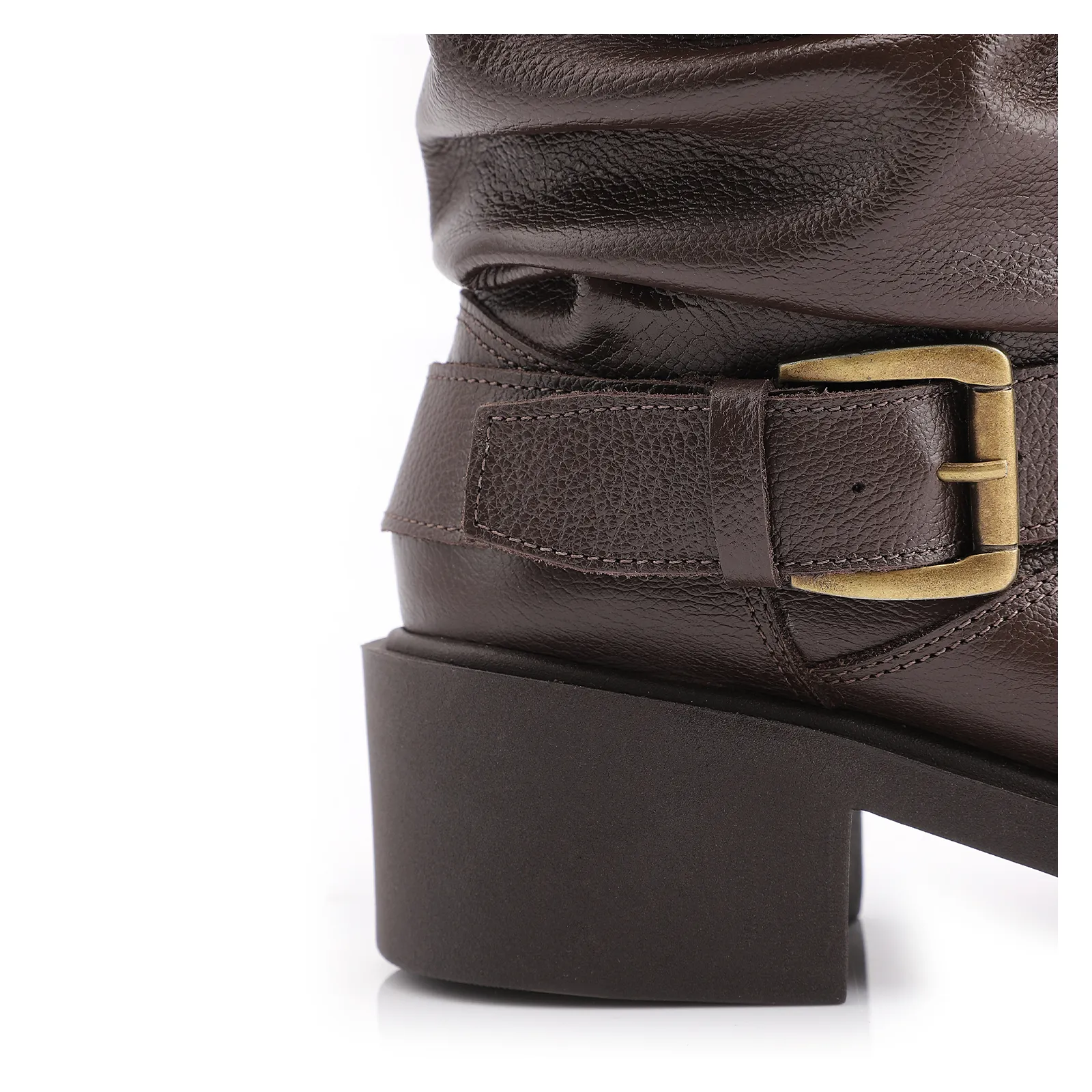 Bota Marrom Cano Médio Salto Médio Couro Slouch Fivela