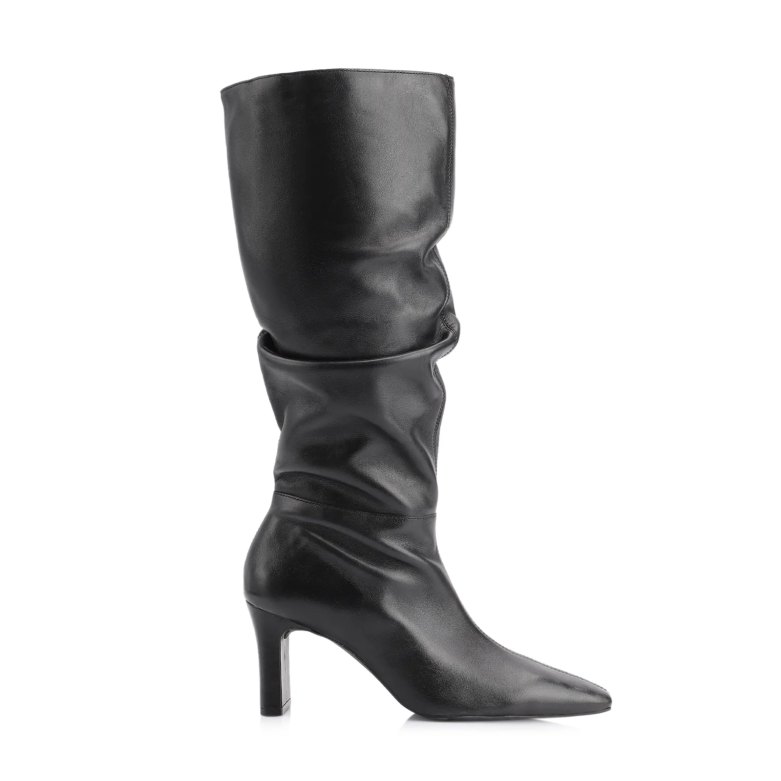 Bota Preta Cano Alto Salto Alto Couro Alto Slouch