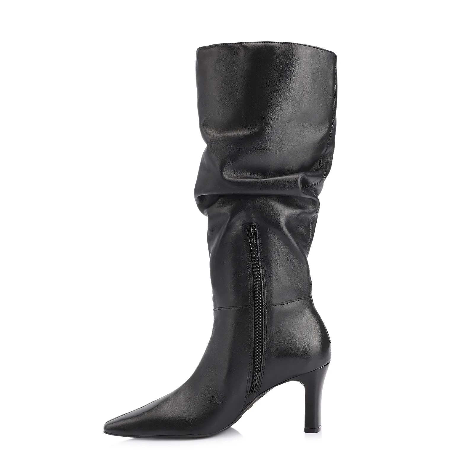 Bota Preta Cano Alto Salto Alto Couro Alto Slouch