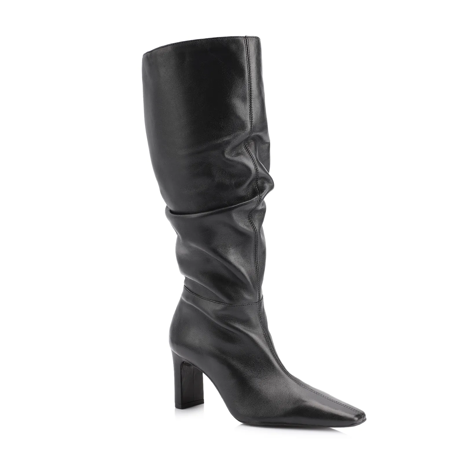 Bota Preta Cano Alto Salto Alto Couro Alto Slouch