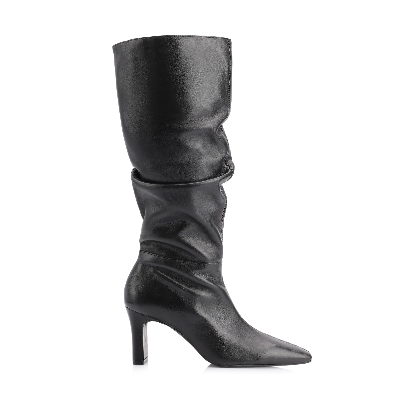 Bota Preta Cano Alto Salto Alto Couro Alto Slouch