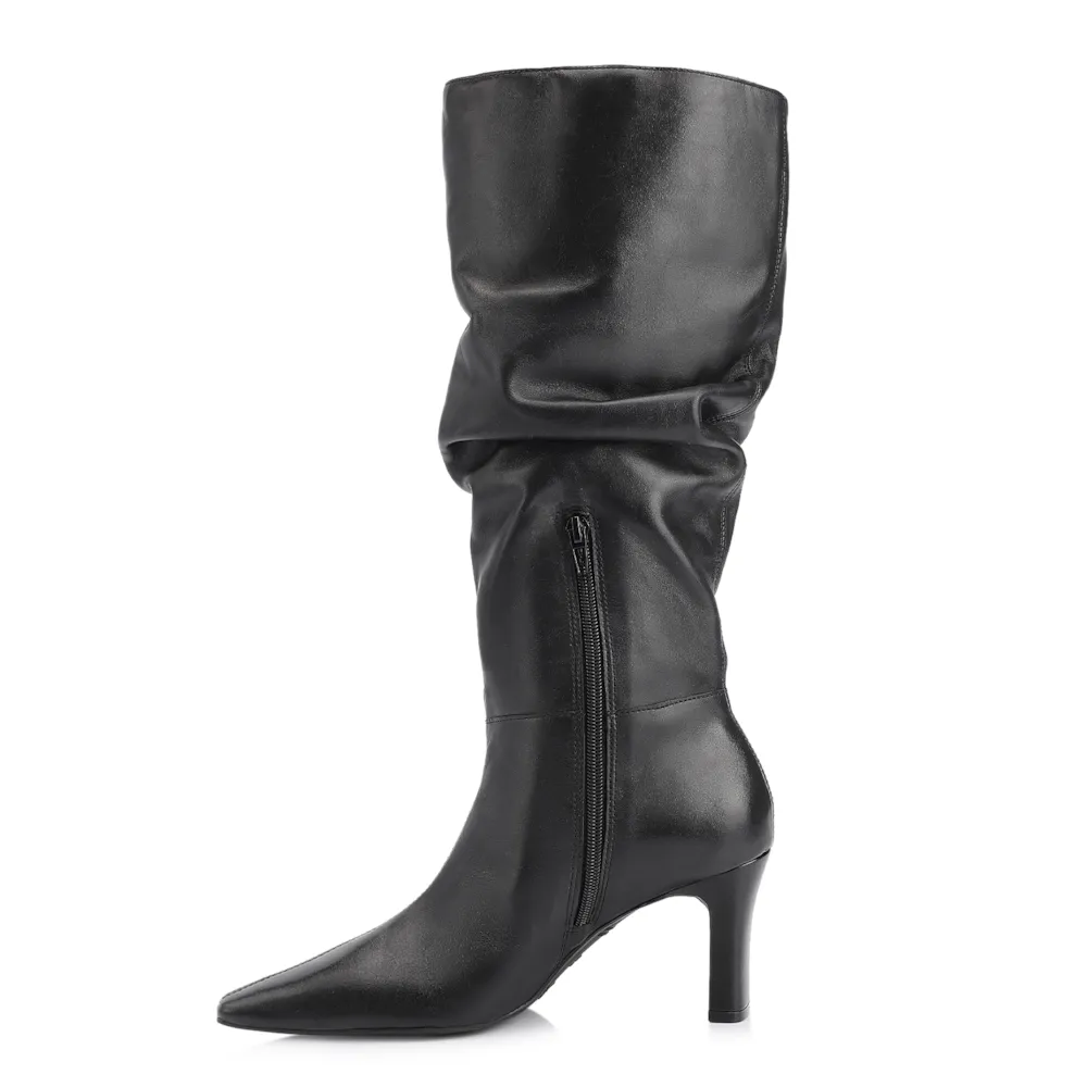 Bota Preta Cano Alto Salto Alto Couro Alto Slouch - imagem 5